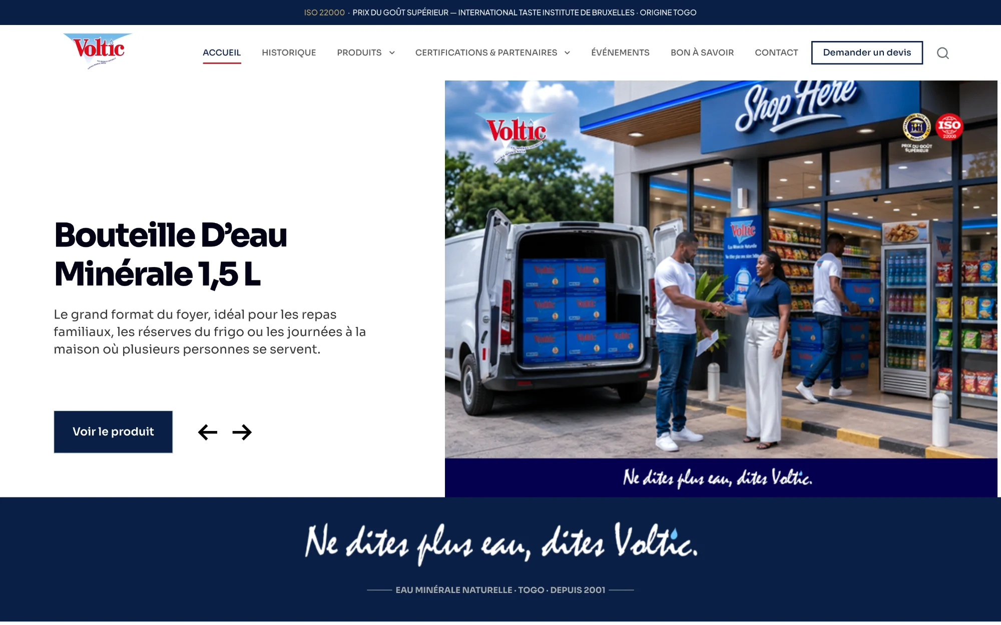 Accueil du site Voltic : une bouteille familiale de 1,5 L livrée dans une boutique Voltic