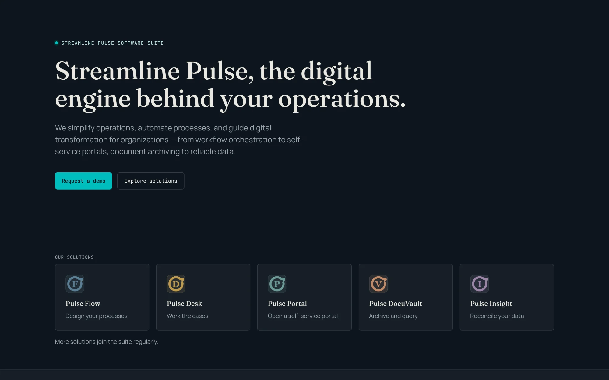 Accueil de Streamline Pulse : l'accroche de la suite et ses cinq solutions